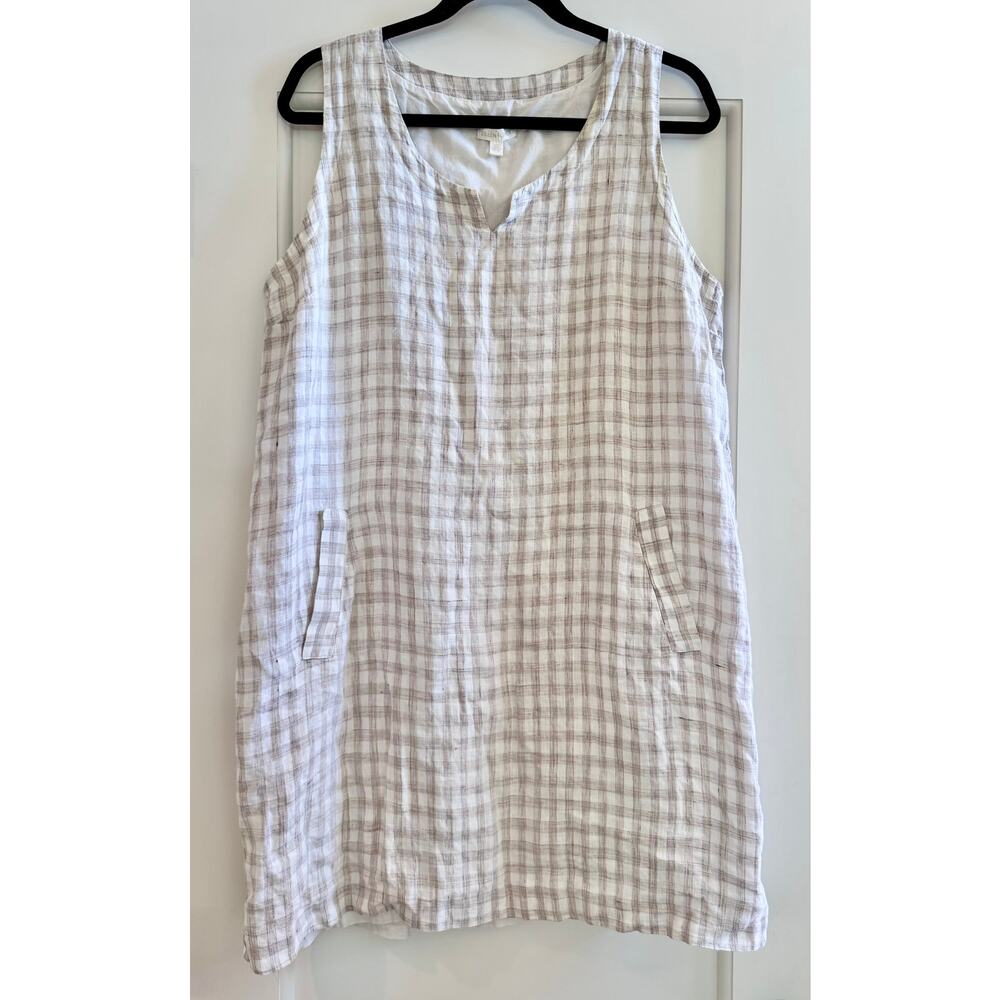 Eileen Fisher Plaid Linen Shift Dress Cottagecore – Brown/Cream – Medium